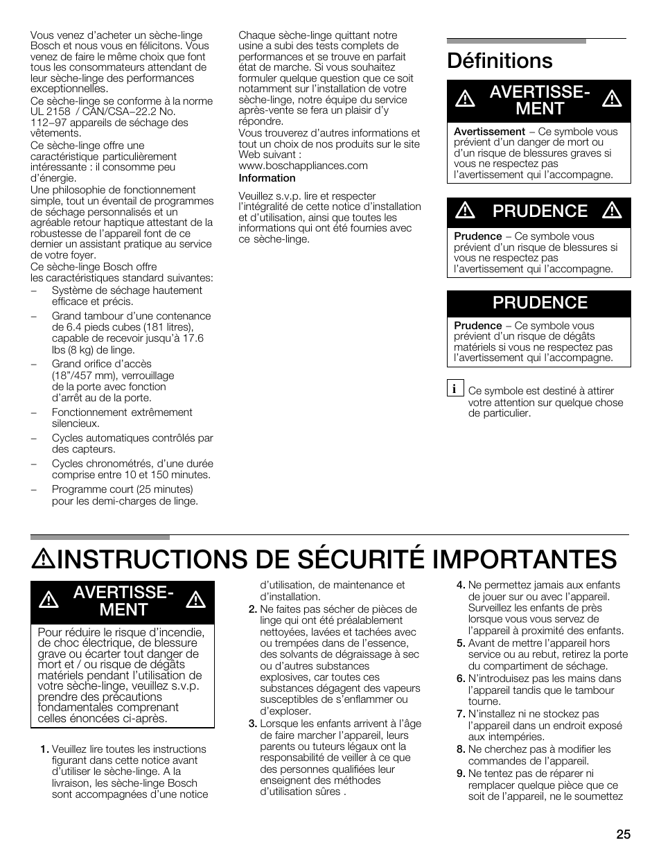 Dinstructions de sécurité importantes, Définitions d, Avertisseć ment | Prudence | Bosch WTMC6321US User Manual | Page 25 / 72