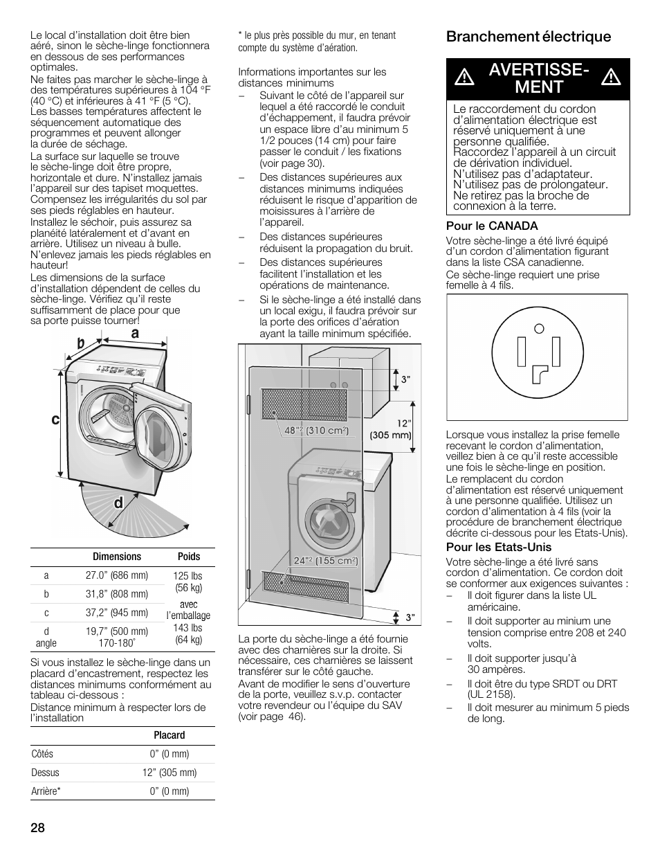Avertisseć ment, Branchement électrique | Bosch WTMC6321US User Manual | Page 28 / 72
