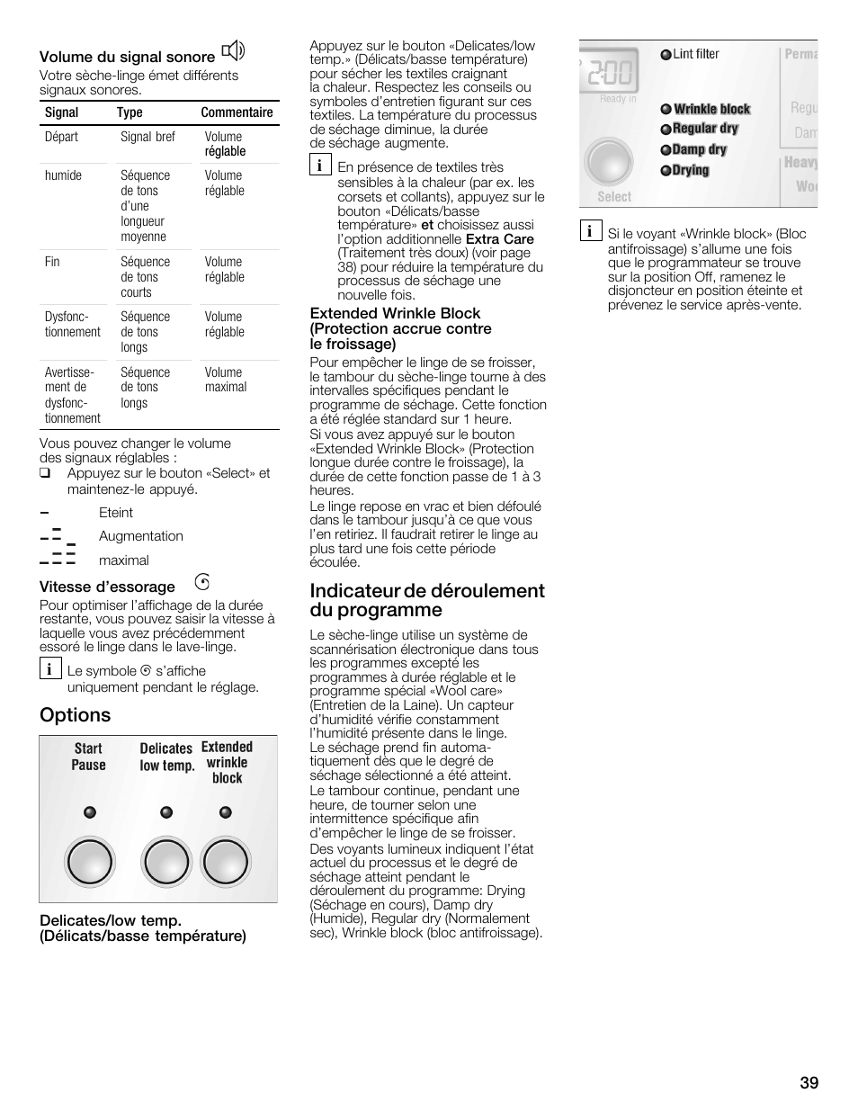 Options, Indicateur de déroulement du programme | Bosch WTMC6321US User Manual | Page 39 / 72