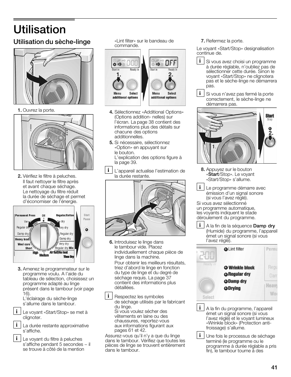 Utilisation, Utilisation du sèchećlinge | Bosch WTMC6321US User Manual | Page 41 / 72