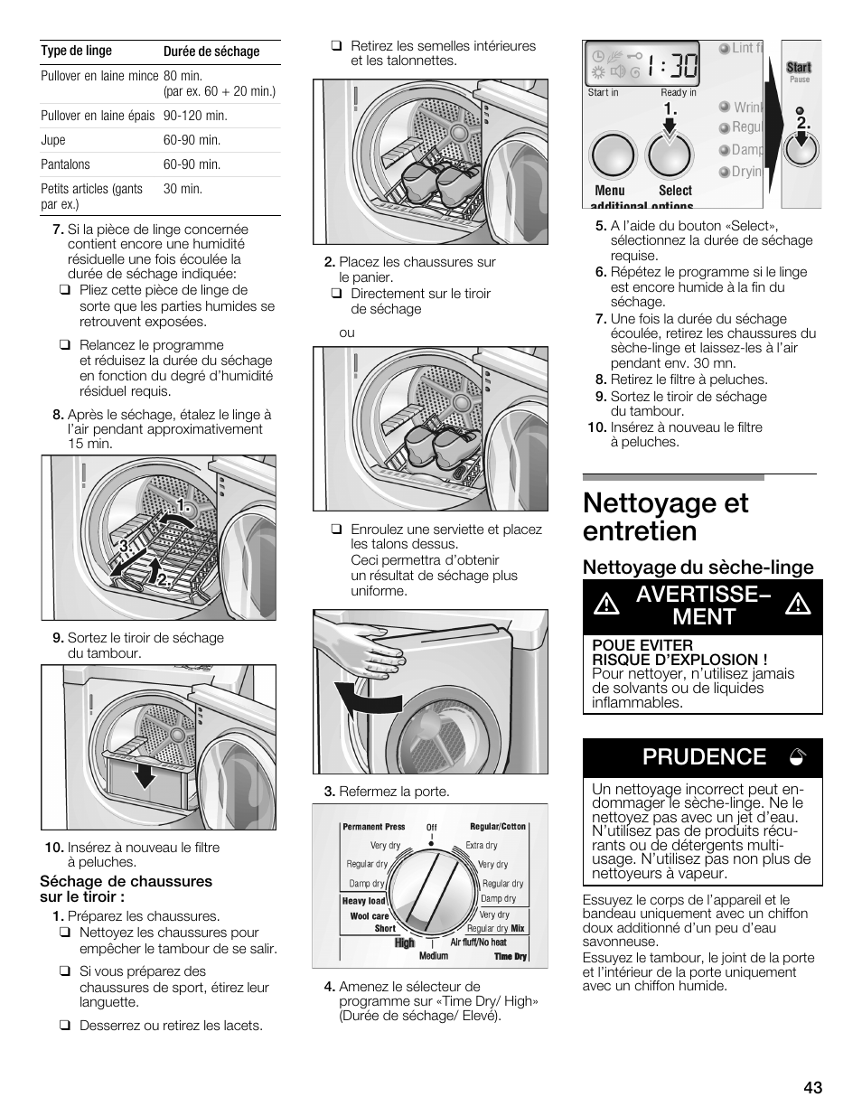 Nettoyage et entretien, Avertisse- ment, Prudence | Nettoyage du sèchećlinge | Bosch WTMC6321US User Manual | Page 43 / 72
