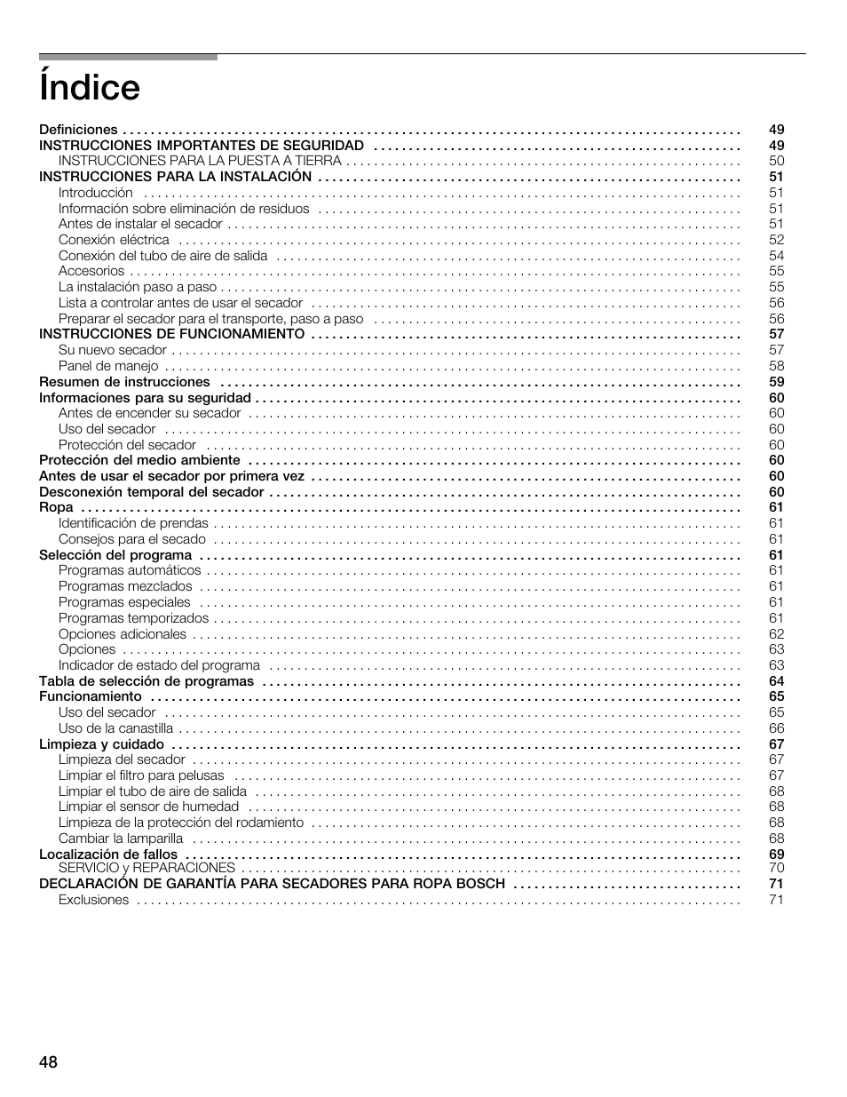 Índice | Bosch WTMC6321US User Manual | Page 48 / 72