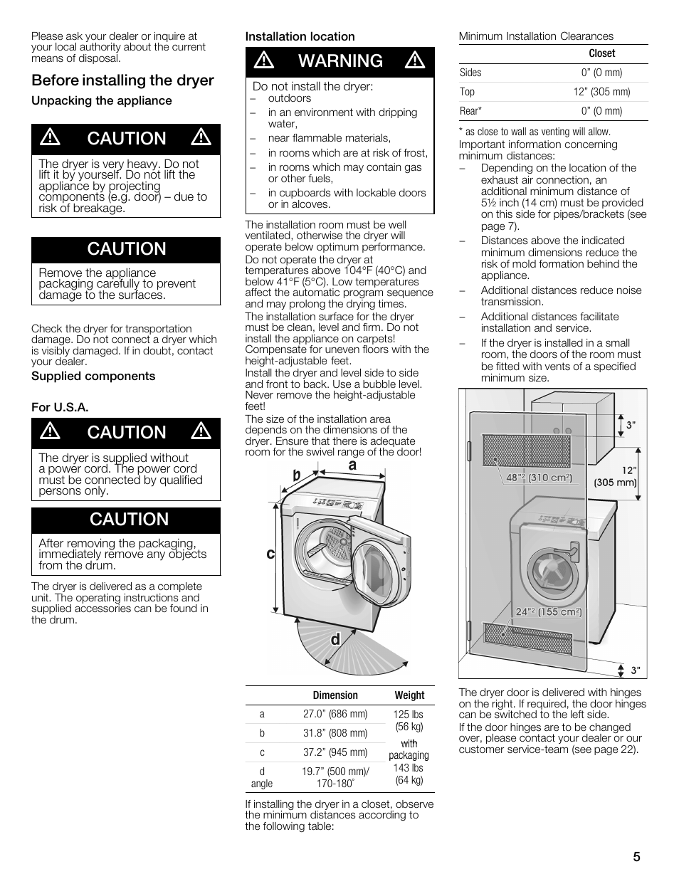 Caution, Warning, Before installing the dryer | Bosch WTMC6321US User Manual | Page 5 / 72