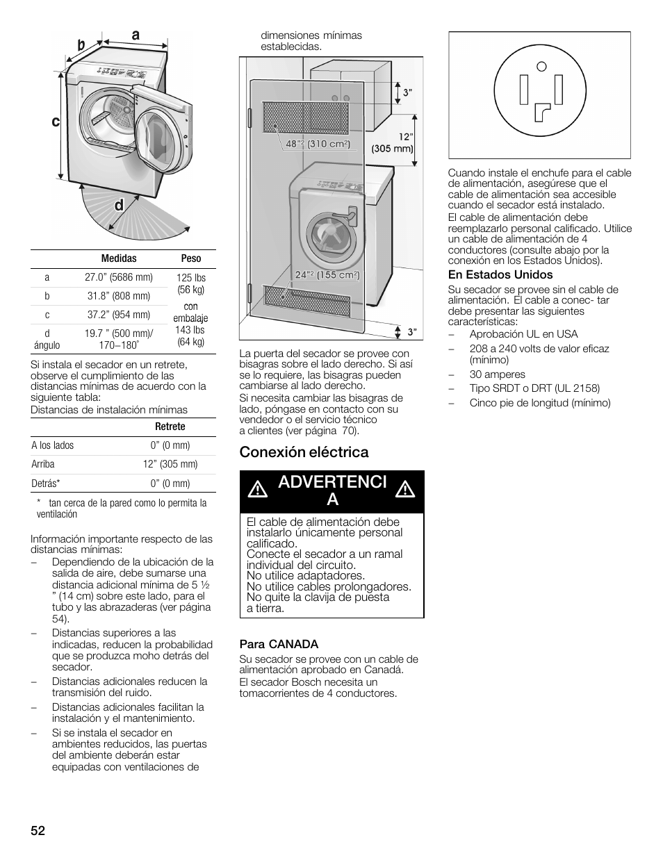 Advertenci a, Conexión eléctrica | Bosch WTMC6321US User Manual | Page 52 / 72