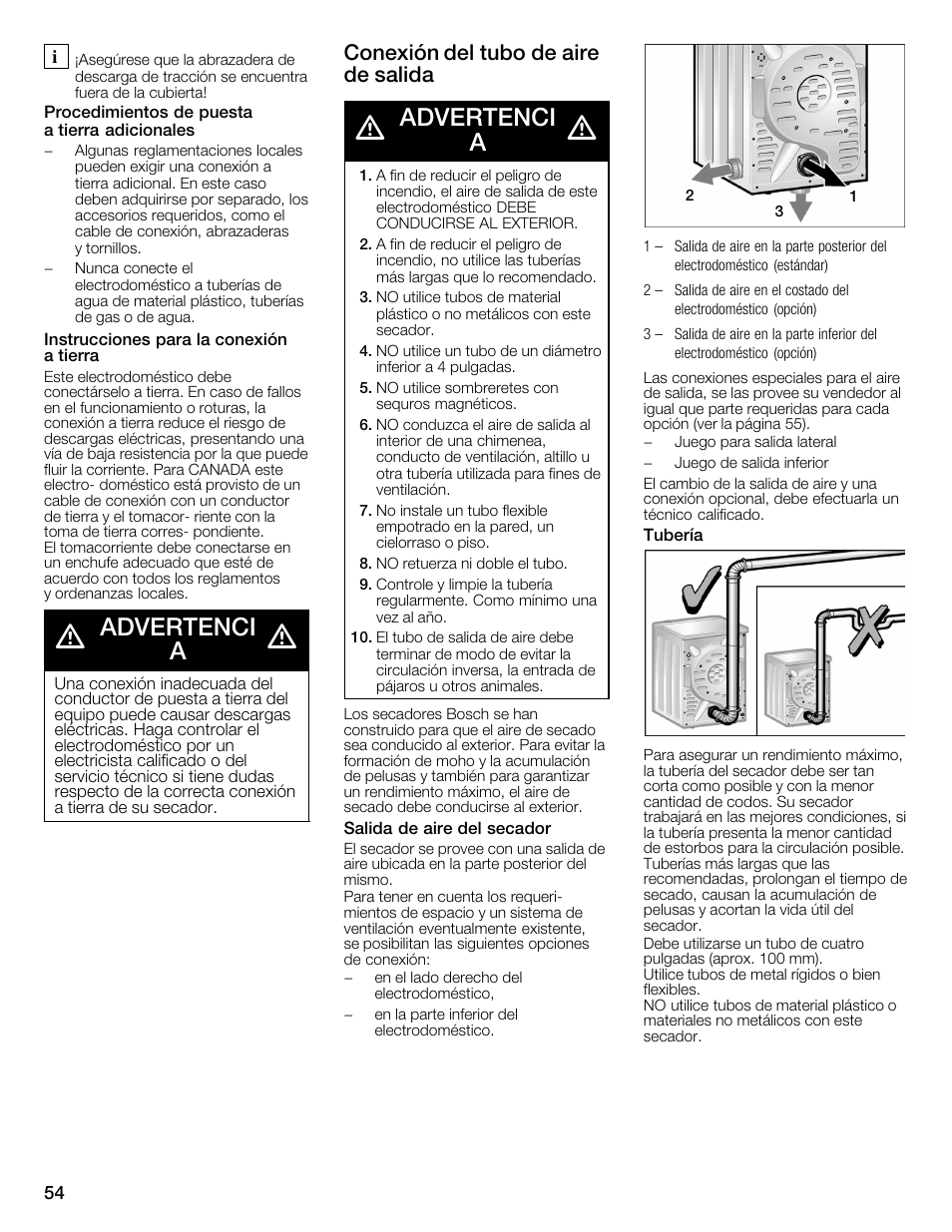 Advertenci a, Conexión del tubo de aire de salida | Bosch WTMC6321US User Manual | Page 54 / 72