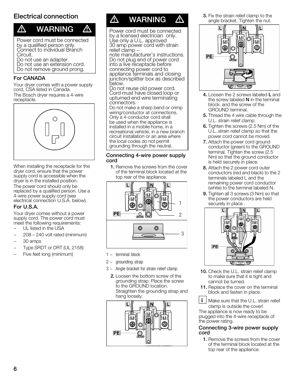 Warning, Electrical connection | Bosch WTMC6321US User Manual | Page 6 / 72