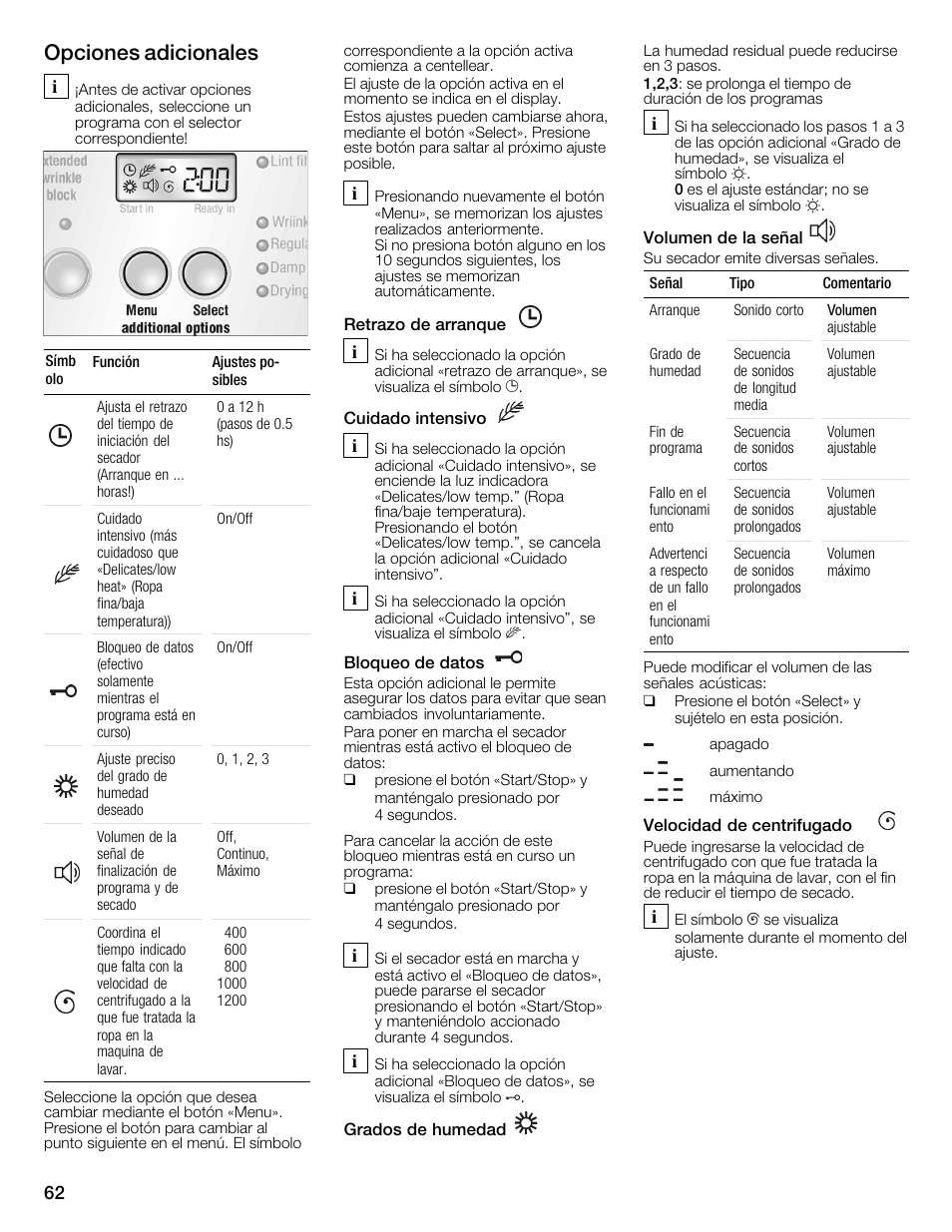 Opciones adicionales | Bosch WTMC6321US User Manual | Page 62 / 72