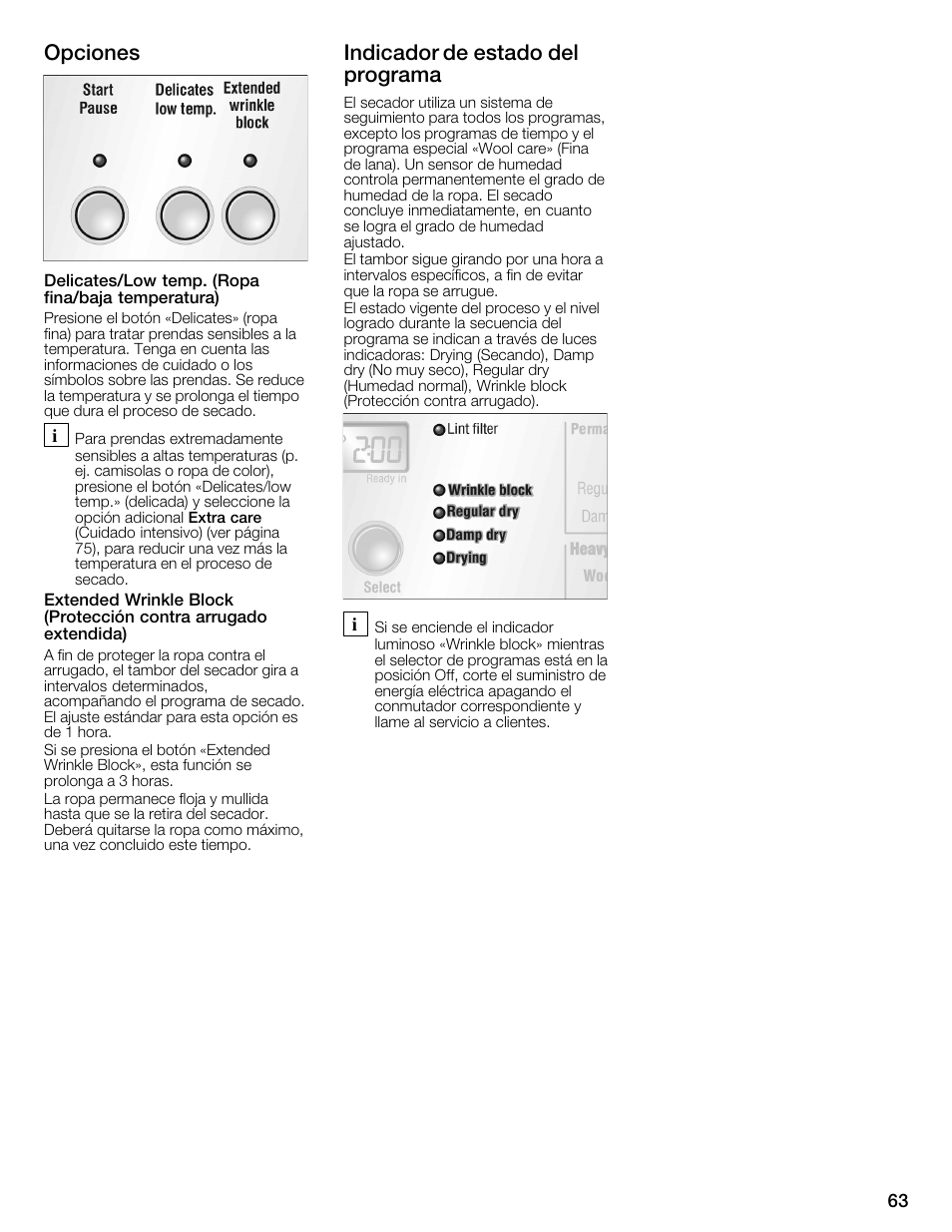 Opciones, Indicador de estado del programa | Bosch WTMC6321US User Manual | Page 63 / 72