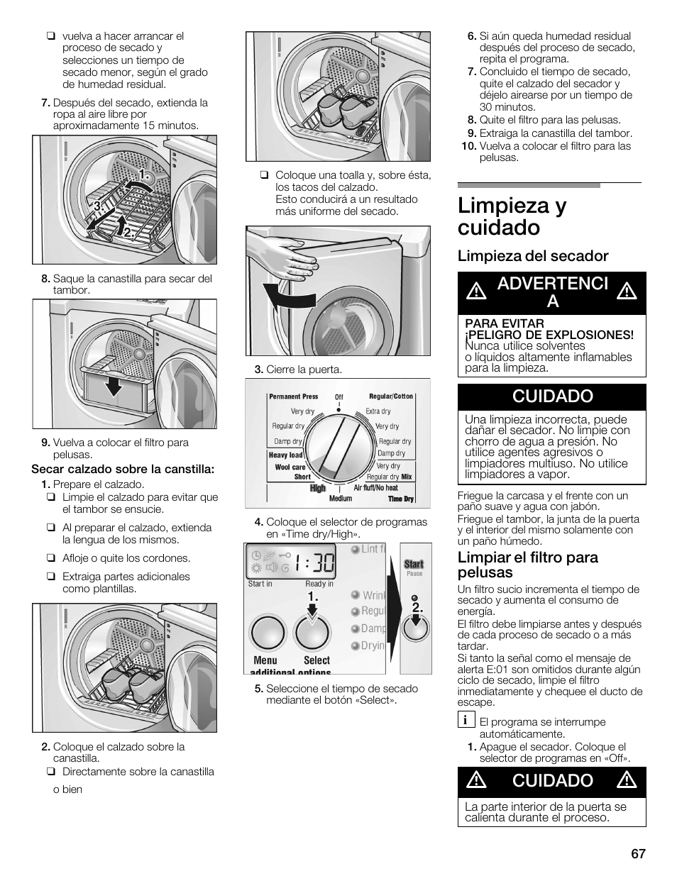 Limpieza y cuidado, Advertenci a, Cuidado | Limpieza del secador, Limpiar el filtro para pelusas | Bosch WTMC6321US User Manual | Page 67 / 72