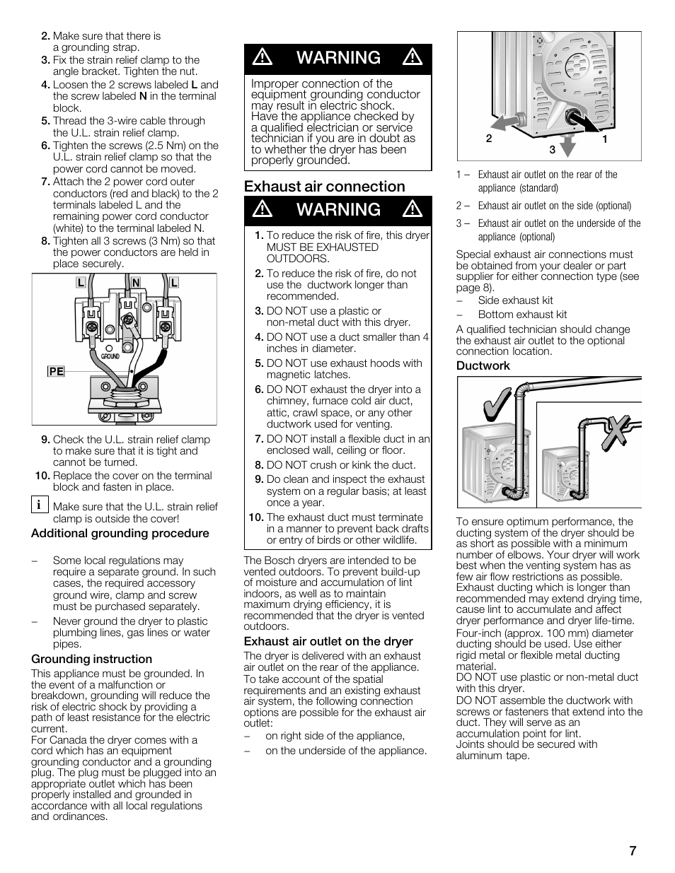 Warning, Exhaust air connection | Bosch WTMC6321US User Manual | Page 7 / 72