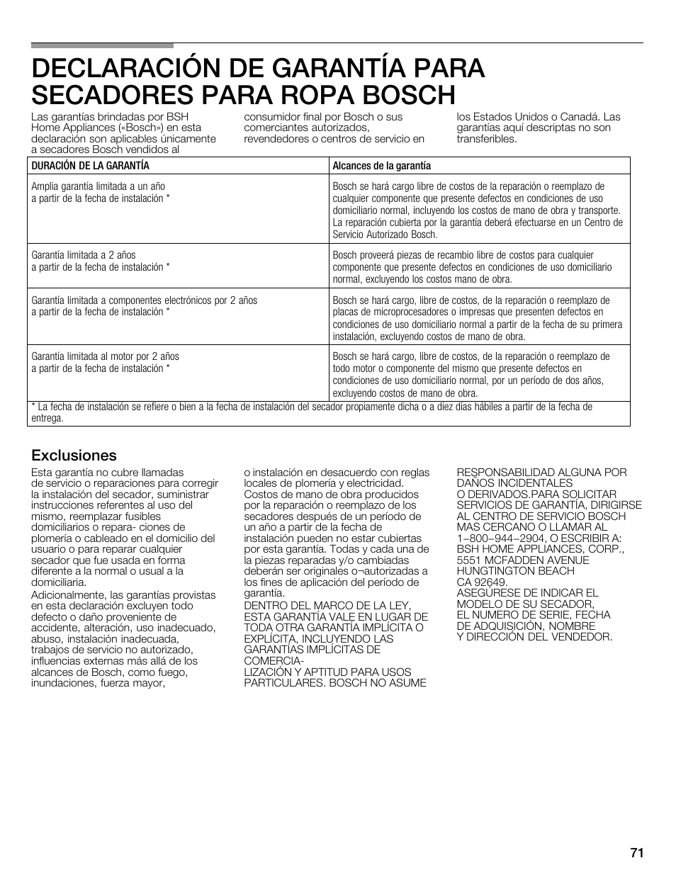 Exclusiones | Bosch WTMC6321US User Manual | Page 71 / 72