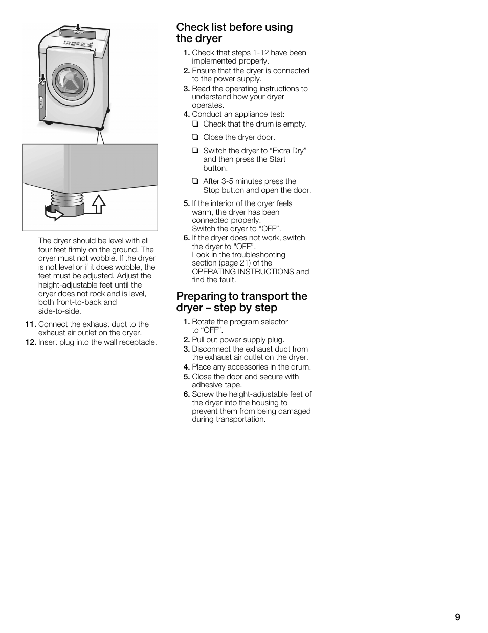 Check list before using the dryer, Preparing to transport the dryer ć step by step | Bosch WTMC6321US User Manual | Page 9 / 72