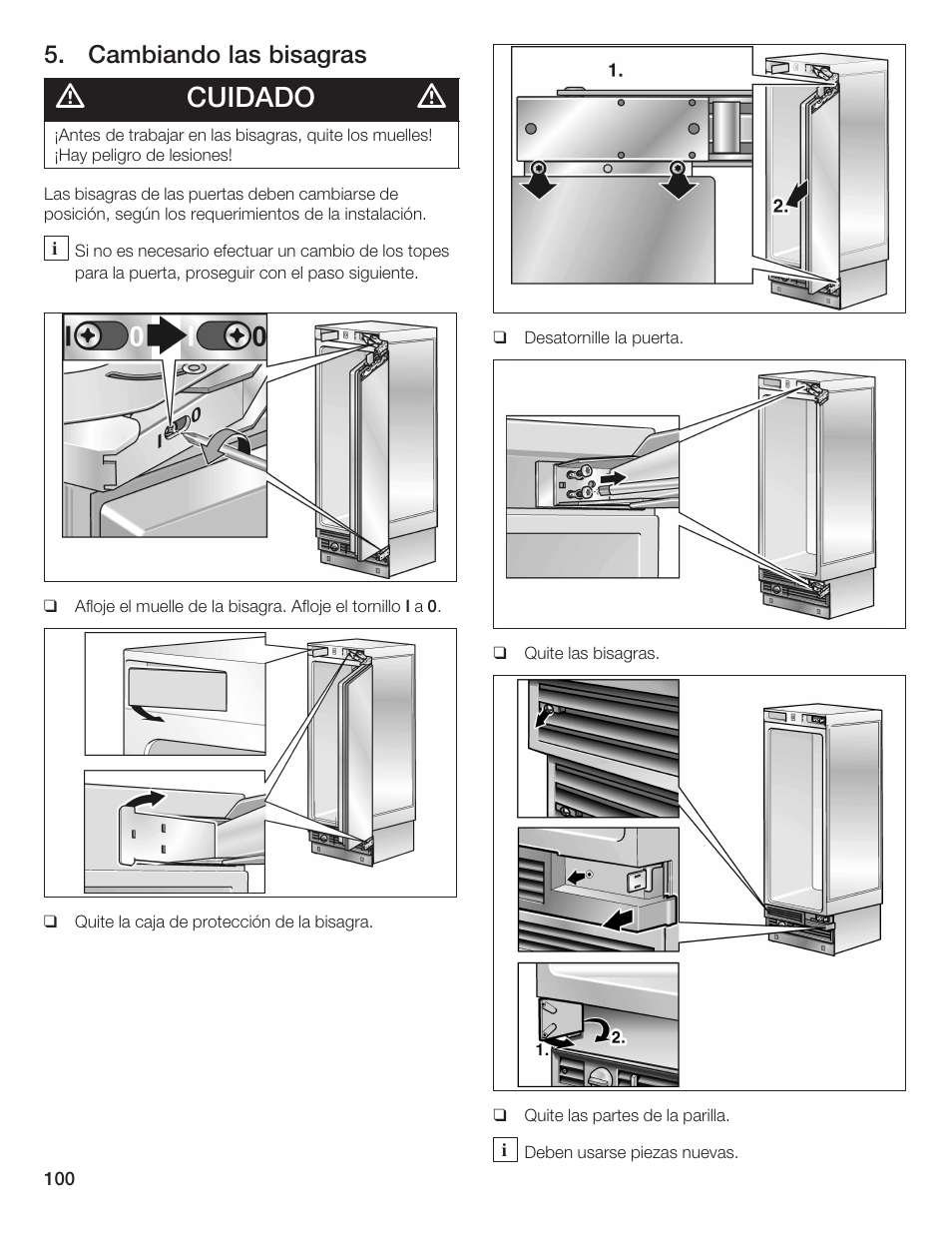 Cuidado, Cambiando las bisagras | Bosch 24iw50nsp User Manual | Page 100 / 124