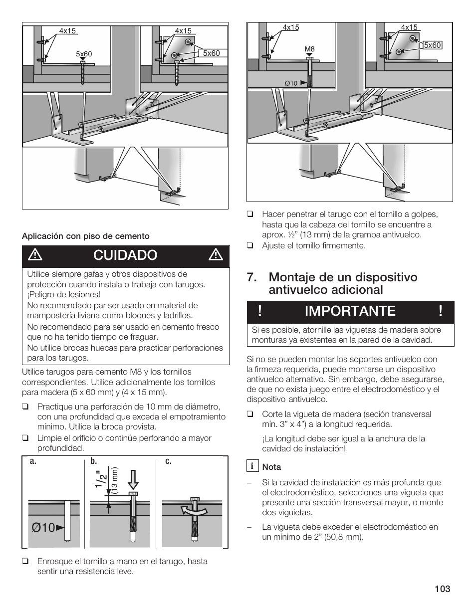 Cuidado, Importante, Montaje de un dispositivo antivuelco adicional | Bosch 24iw50nsp User Manual | Page 103 / 124