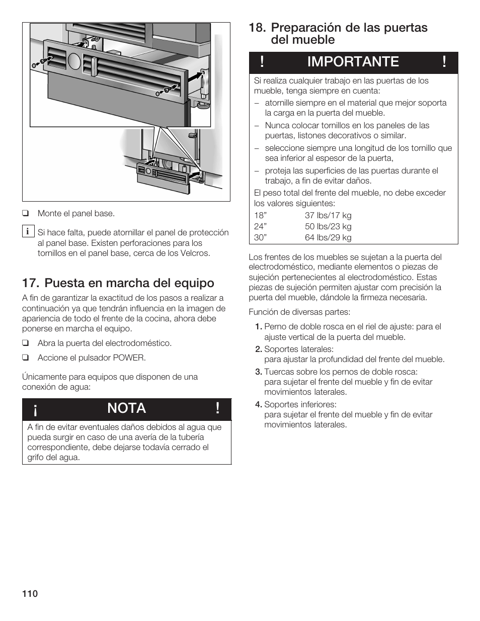 Nota, Importante, Puesta en marcha del equipo | Preparación de las puertas del mueble | Bosch 24iw50nsp User Manual | Page 110 / 124