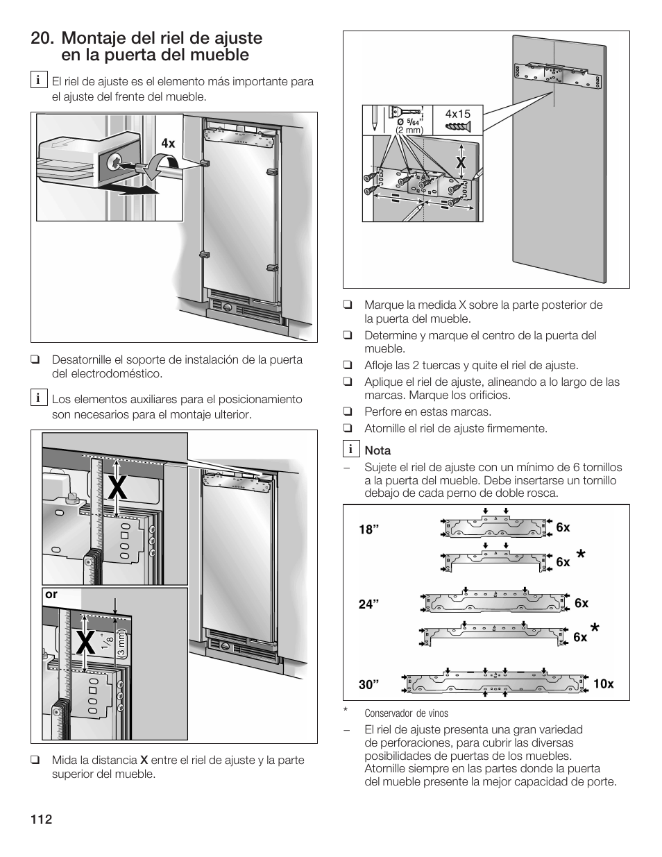 Montaje del riel de ajuste en la puerta del mueble | Bosch 24iw50nsp User Manual | Page 112 / 124