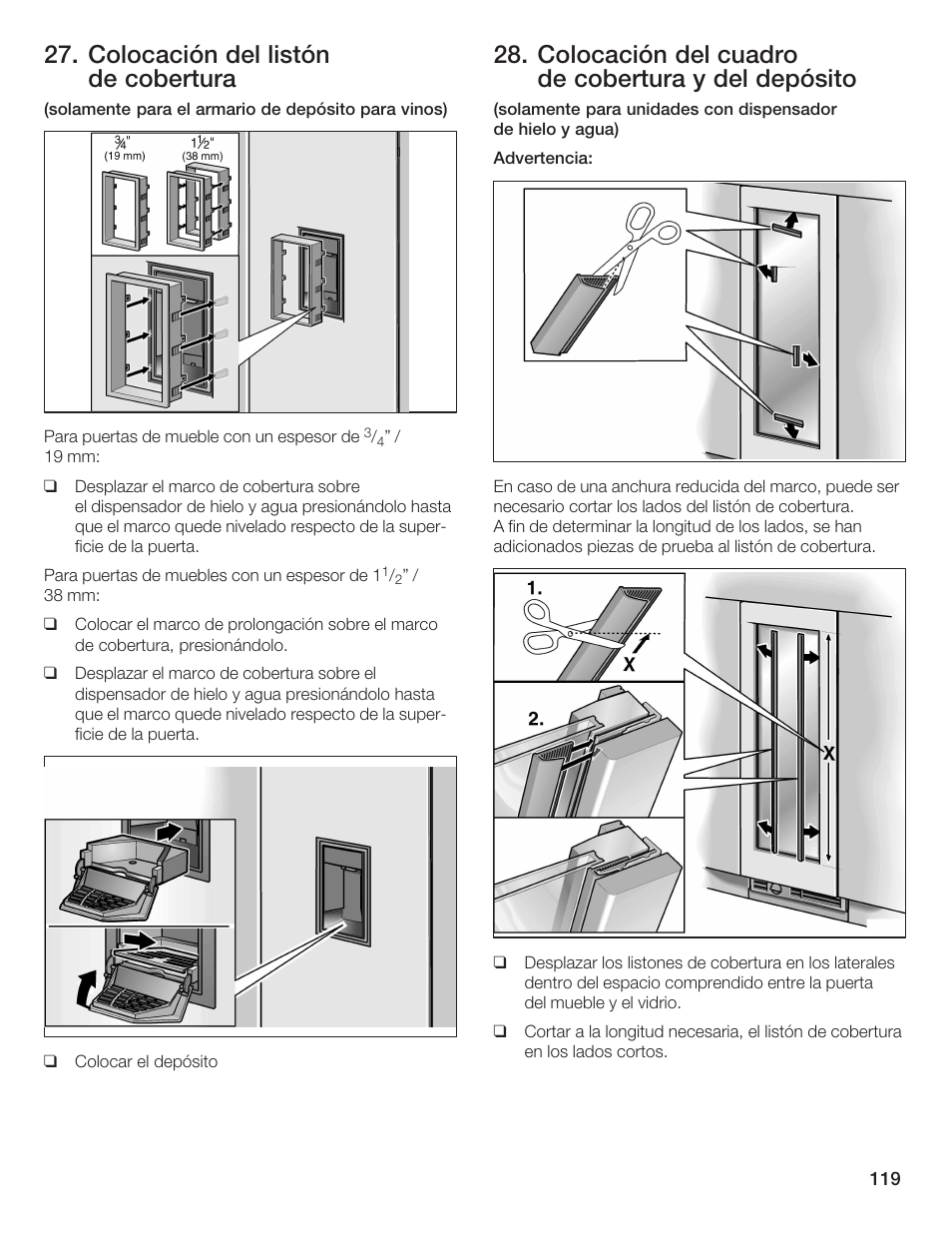 Colocación del listón de cobertura, Colocación del cuadro de cobertura y del depósito | Bosch 24iw50nsp User Manual | Page 119 / 124