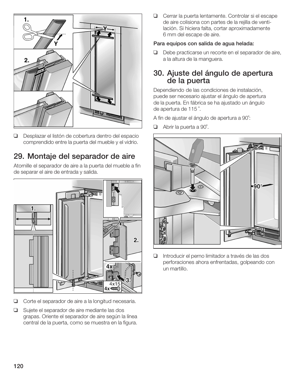 Montaje del separador de aire, Ajuste del ángulo de apertura de la puerta | Bosch 24iw50nsp User Manual | Page 120 / 124