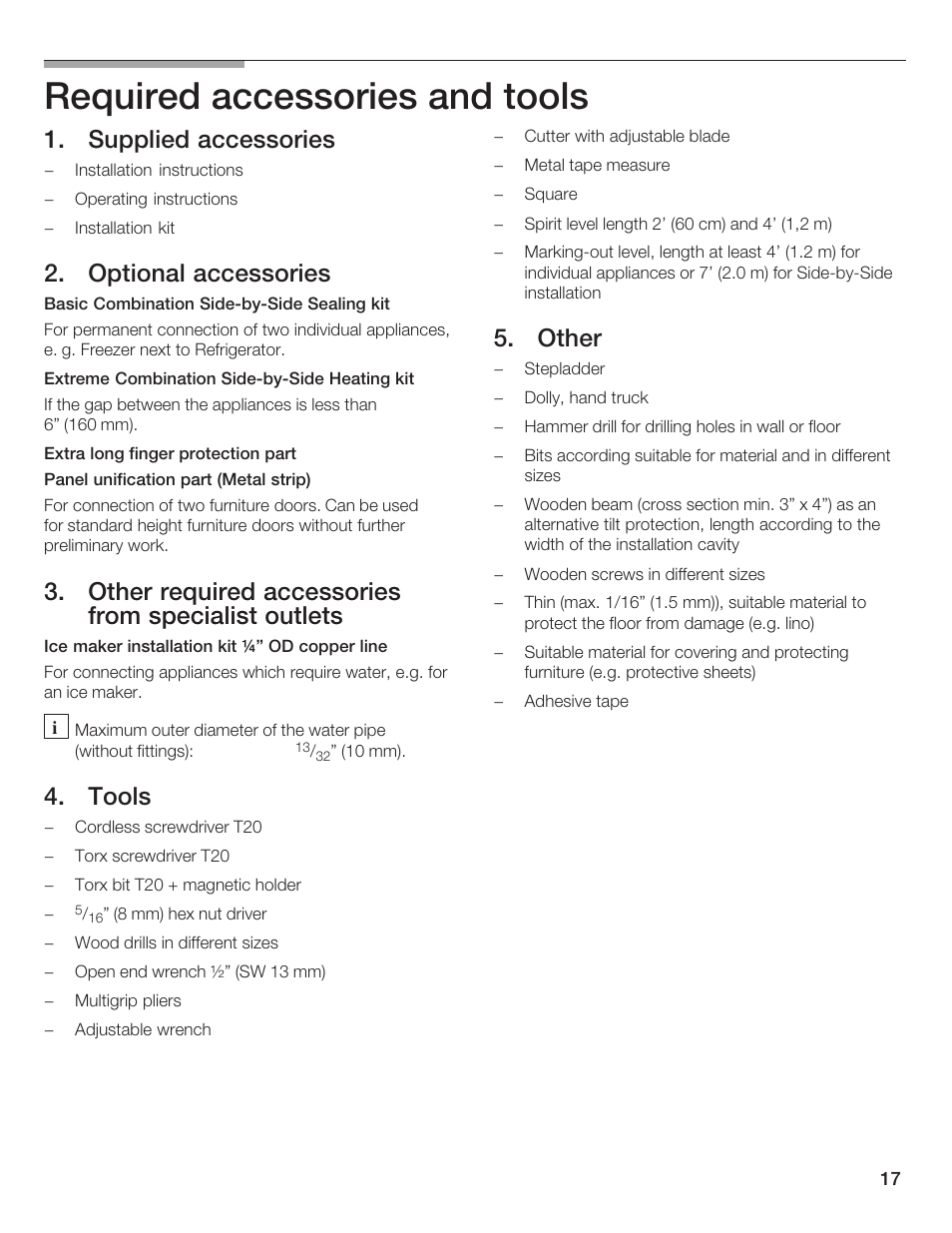 Required accessories and tools, Supplied accessories, Optional accessories 8 | Other required accessories from specialist outlets, Tools, Other | Bosch 24iw50nsp User Manual | Page 17 / 124