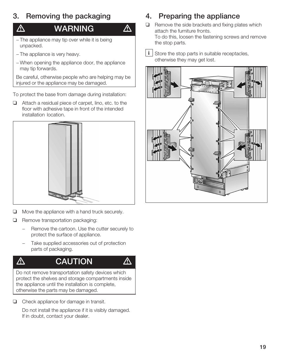 Warning, Caution, Removing the packaging | Preparing the appliance | Bosch 24iw50nsp User Manual | Page 19 / 124