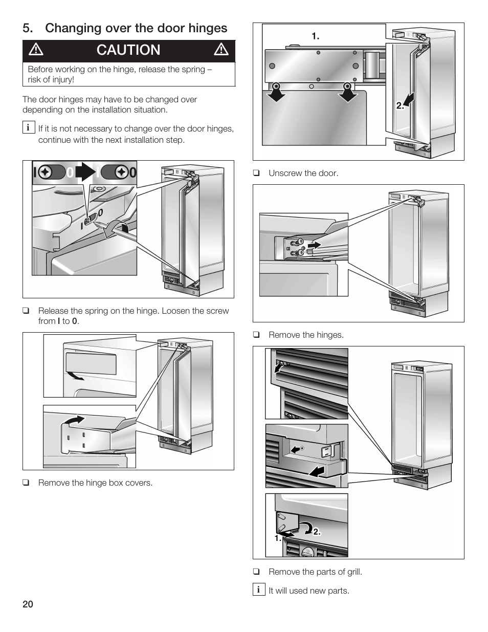 Caution, Changing over the door hinges | Bosch 24iw50nsp User Manual | Page 20 / 124