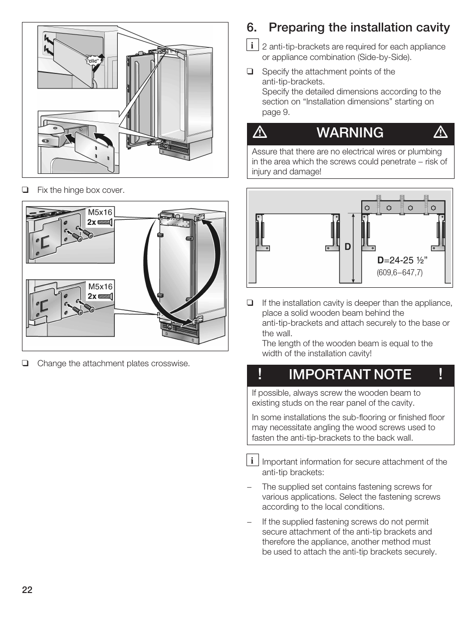 Warning, Preparing the installation cavity | Bosch 24iw50nsp User Manual | Page 22 / 124