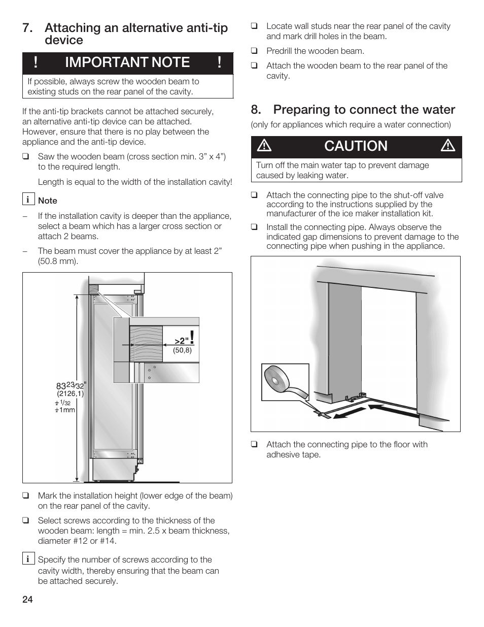 Caution, Attaching an alternative antićtip device, Preparing to connect the water | Bosch 24iw50nsp User Manual | Page 24 / 124