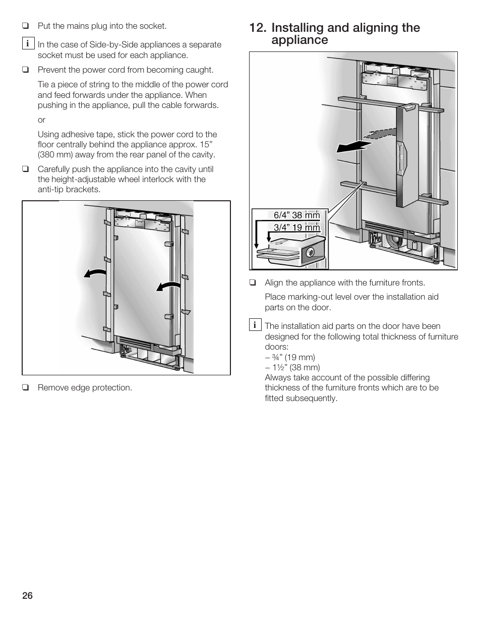Installing and aligning the appliance | Bosch 24iw50nsp User Manual | Page 26 / 124