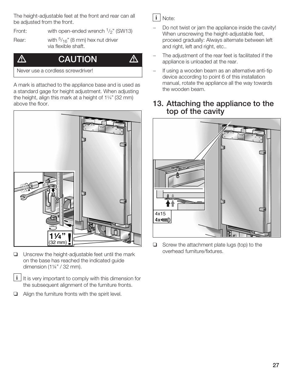 Caution, Attaching the appliance to the top of the cavity | Bosch 24iw50nsp User Manual | Page 27 / 124