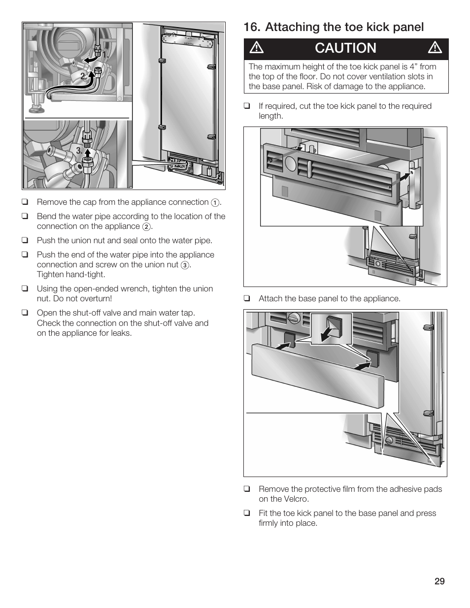 Caution, Attaching the toe kick panel | Bosch 24iw50nsp User Manual | Page 29 / 124