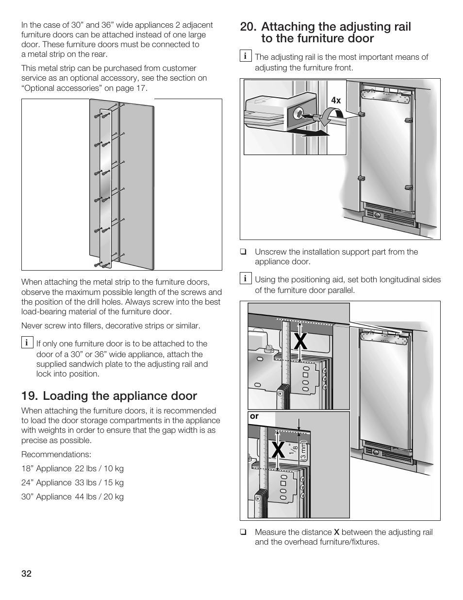 Loading the appliance door, Attaching the adjusting rail to the furniture door | Bosch 24iw50nsp User Manual | Page 32 / 124