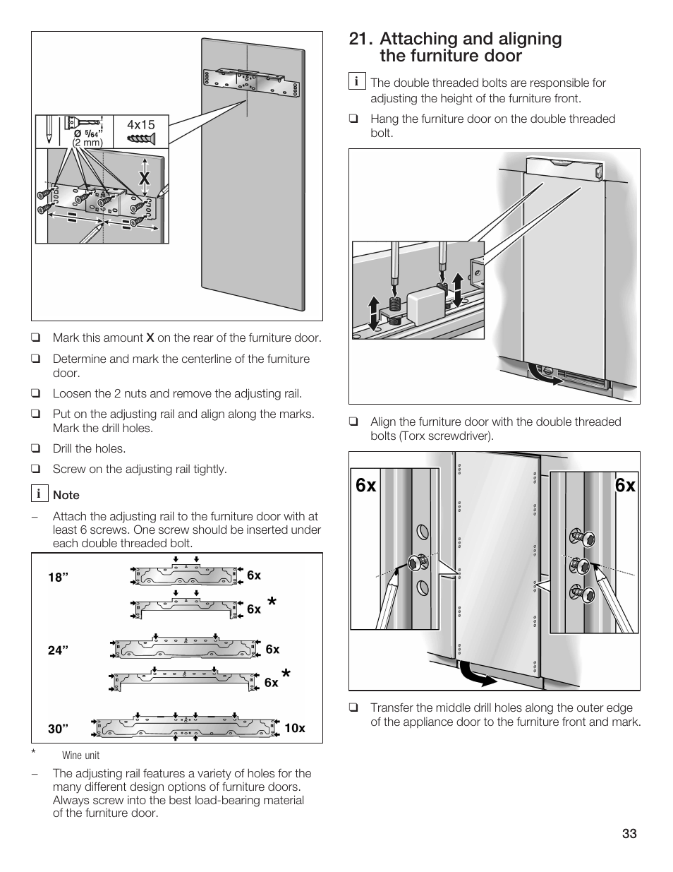 Attaching and aligning the furniture door | Bosch 24iw50nsp User Manual | Page 33 / 124