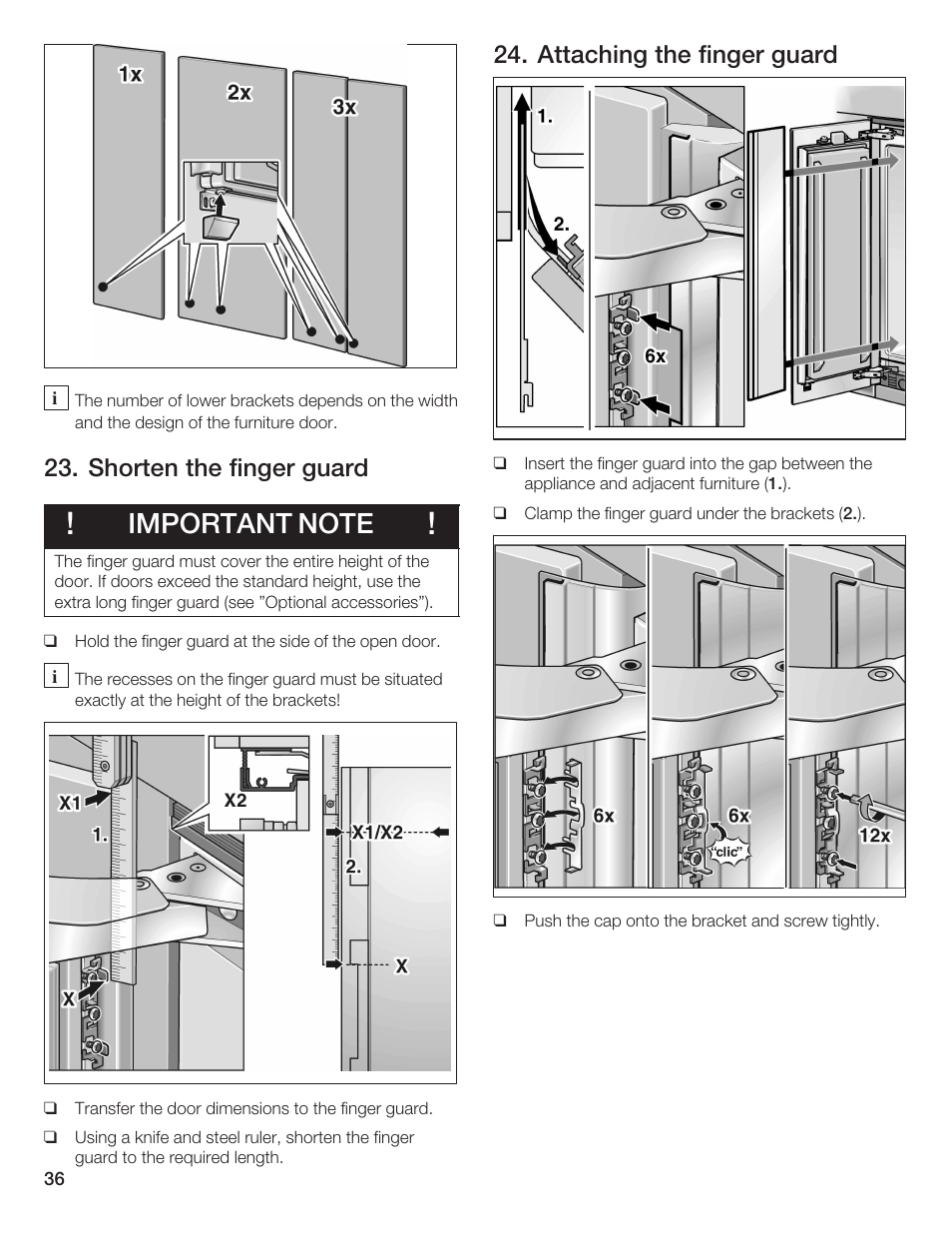 Shorten the finger guard, Attaching the finger guard | Bosch 24iw50nsp User Manual | Page 36 / 124