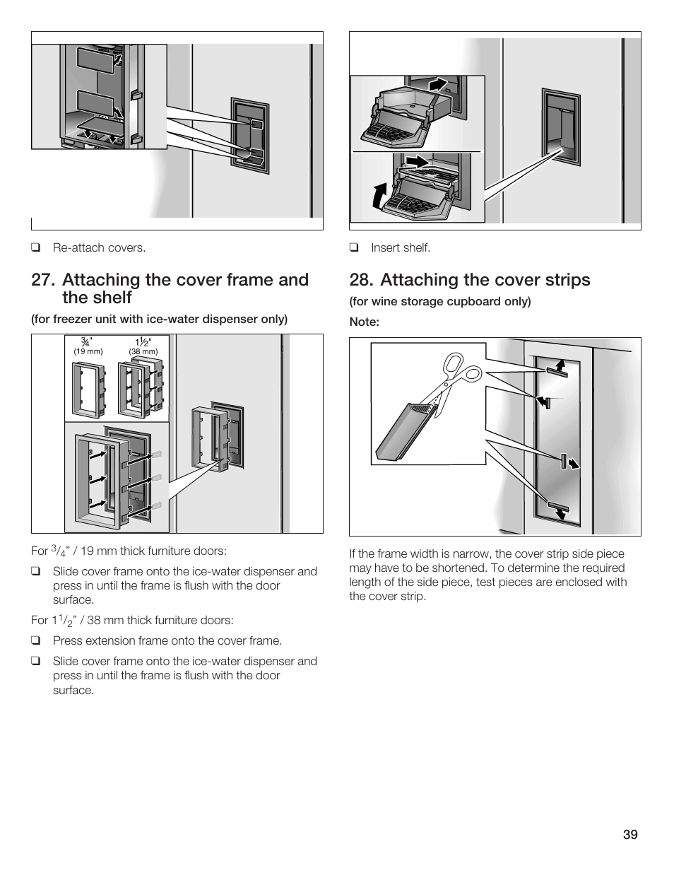 Attaching the cover frame and the shelf, Attaching the cover strips | Bosch 24iw50nsp User Manual | Page 39 / 124