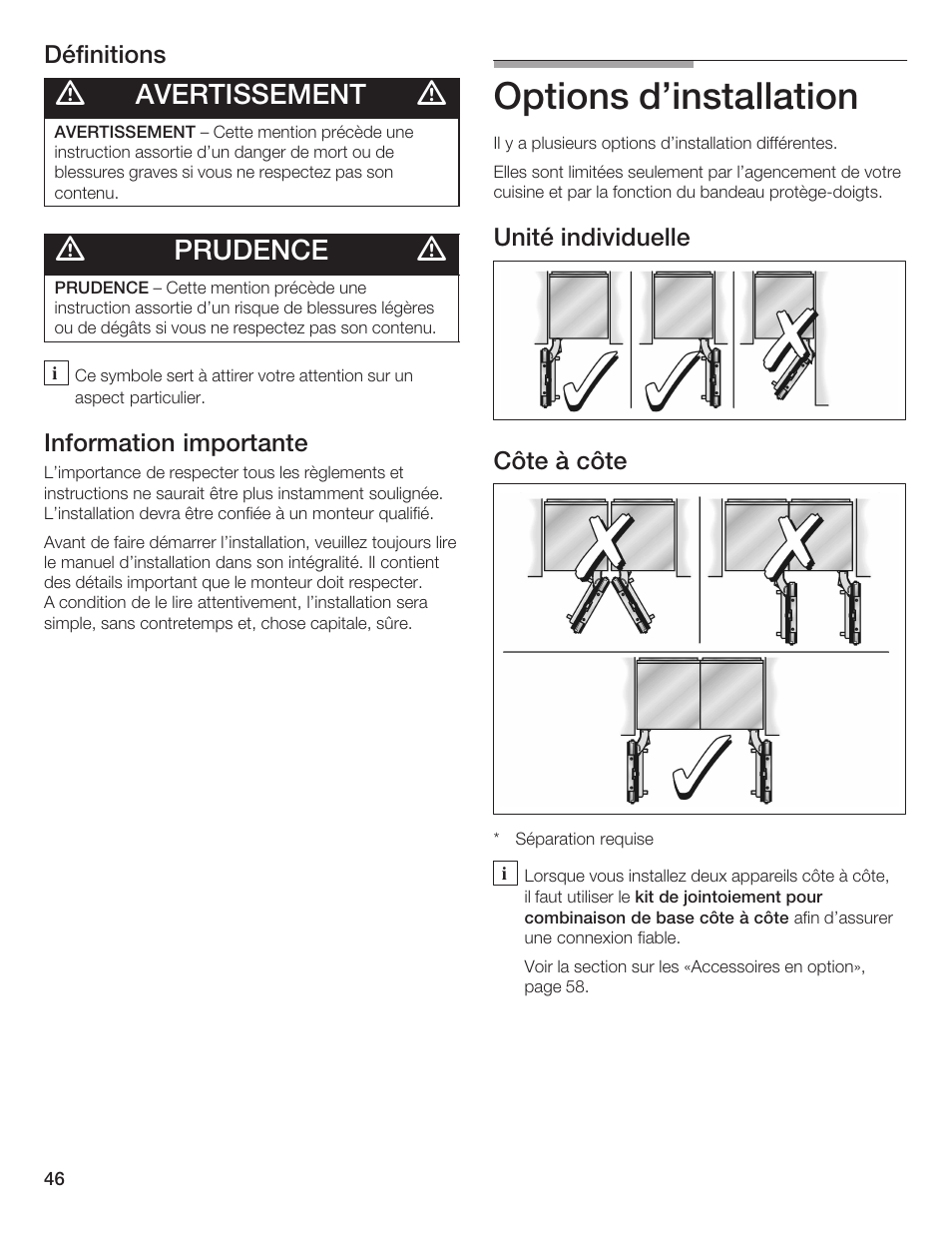 Options d'installation, Avertissement, Prudence | Bosch 24iw50nsp User Manual | Page 46 / 124