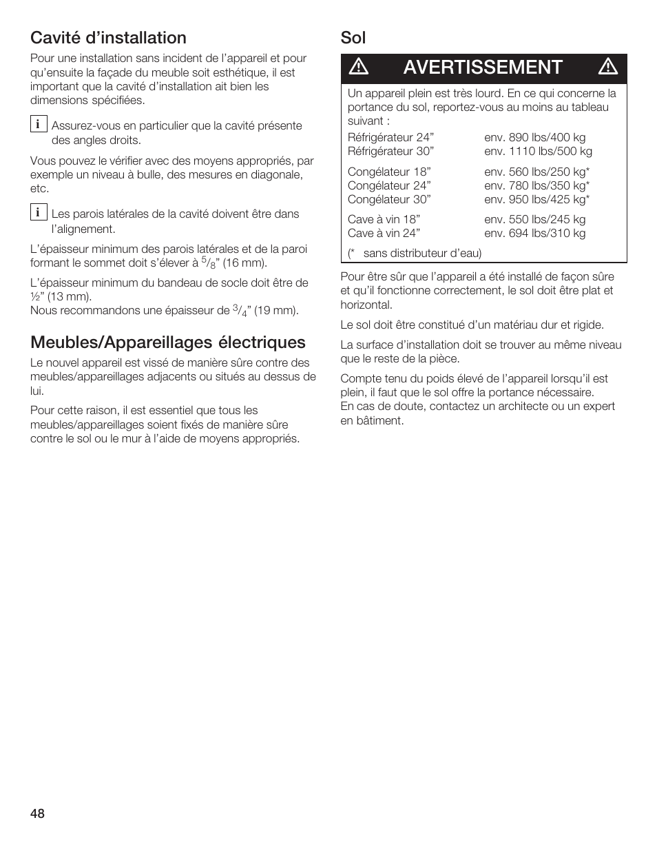 Avertissement, Cavité d'installation, Meubles/appareillages électriques | Bosch 24iw50nsp User Manual | Page 48 / 124