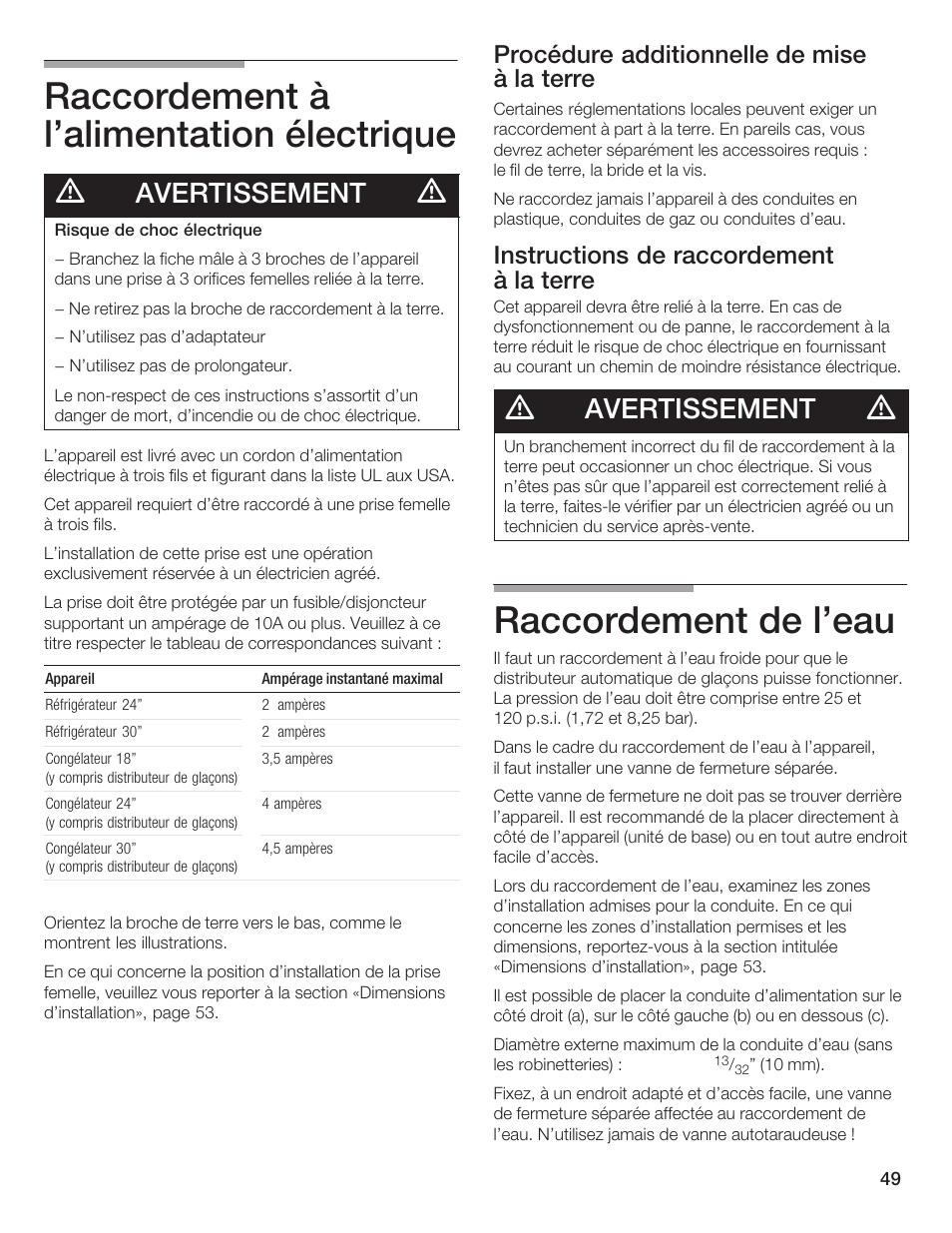 Raccordement à l'alimentation électrique, Raccordement de l'eau, Avertissement | Procédure additionnelle de mise à la terre, Instructions de raccordement à la terre | Bosch 24iw50nsp User Manual | Page 49 / 124