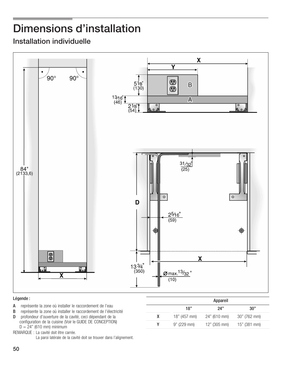 Dimensions d'installation, Installation individuelle | Bosch 24iw50nsp User Manual | Page 50 / 124