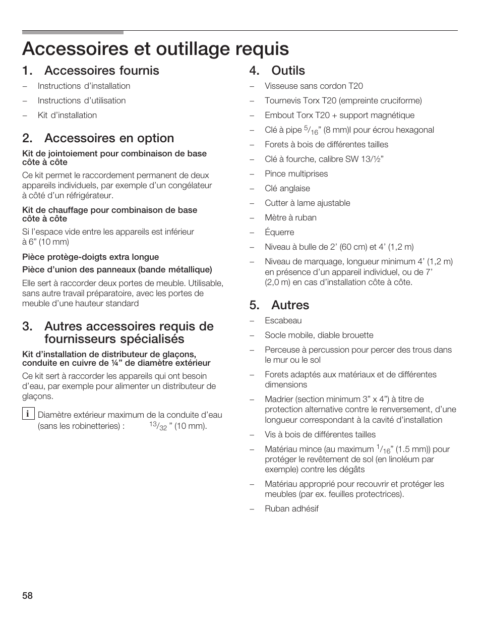 Accessoires et outillage requis, Accessoires fournis, Accessoires en option | Outils, Autres | Bosch 24iw50nsp User Manual | Page 58 / 124