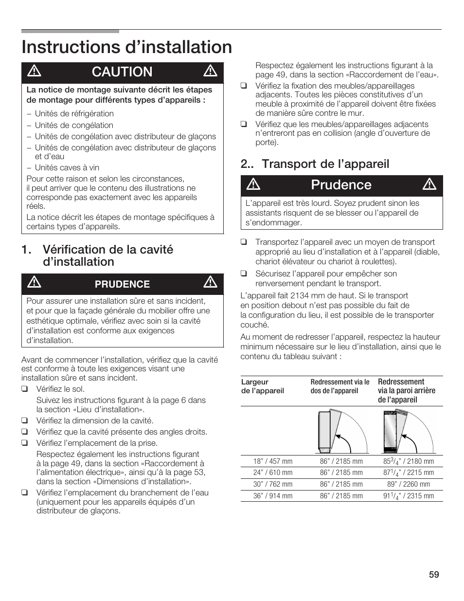 Instructions d'installation, Caution, Prudence | Vérification de la cavité d'installation, Transport de l'appareil | Bosch 24iw50nsp User Manual | Page 59 / 124