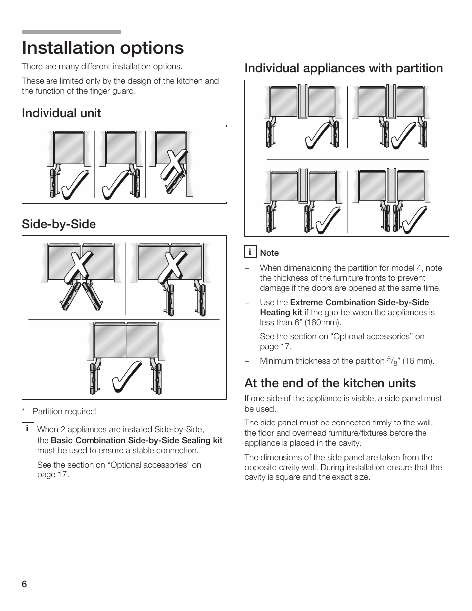 Installation options, Individual unit sidećbyćside, Individual appliances with partition | At the end of the kitchen units | Bosch 24iw50nsp User Manual | Page 6 / 124