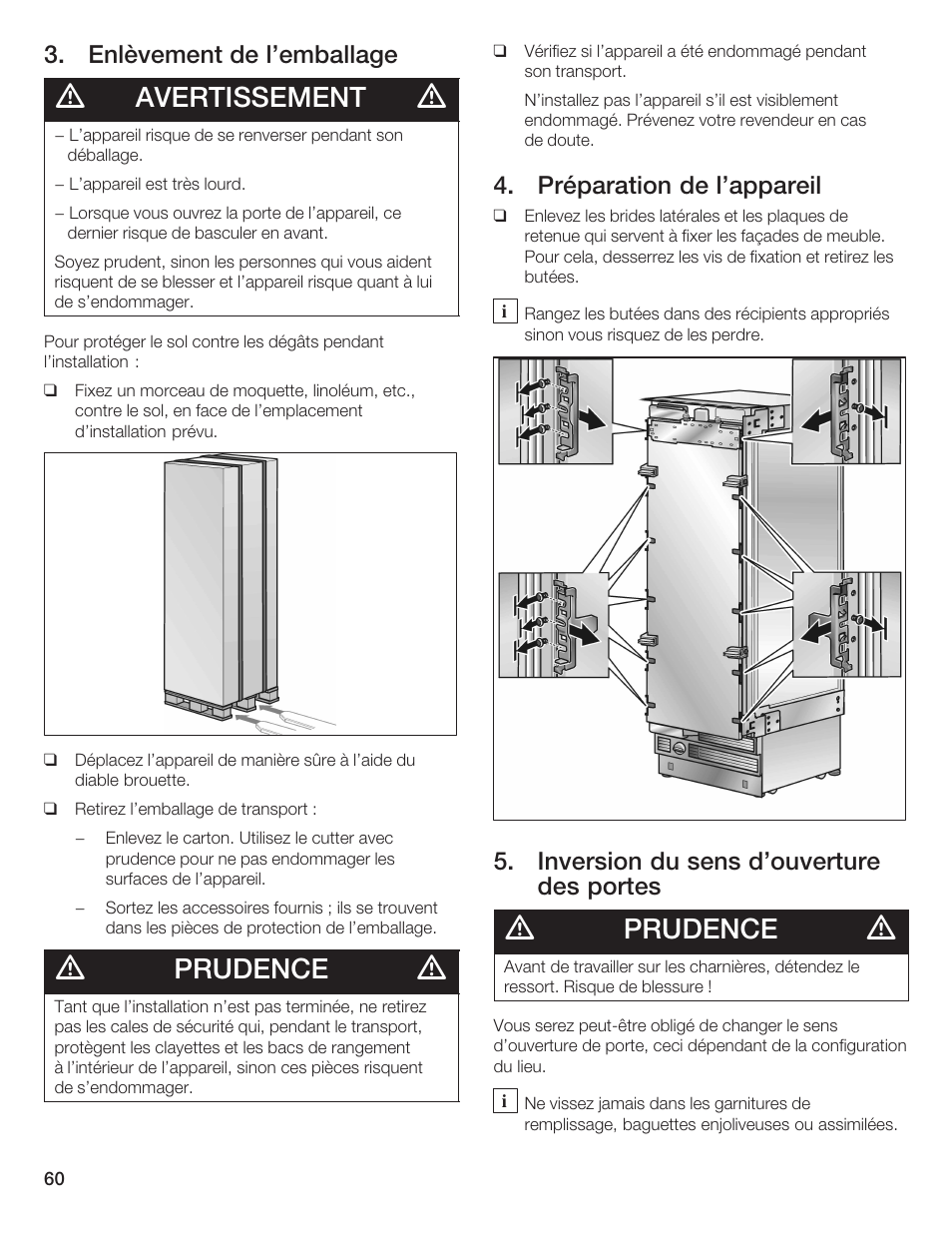 Avertissement, Prudence, Enlèvement de l'emballage | Préparation de l'appareil, Inversion du sens d'ouverture des portes | Bosch 24iw50nsp User Manual | Page 60 / 124