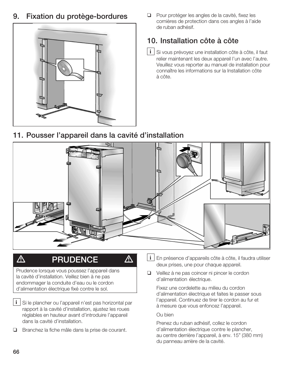 Prudence, Fixation du protègećbordures, Installation côte à côte | Pousser l'appareil dans la cavité d'installation | Bosch 24iw50nsp User Manual | Page 66 / 124