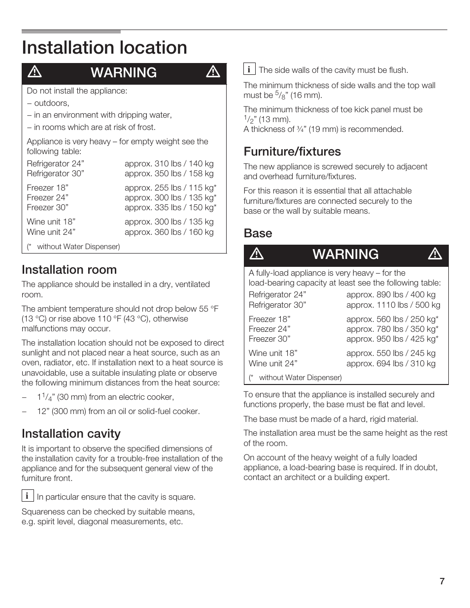 Installation location, Warning, Installation room | Installation cavity, Furniture/fixtures, Base | Bosch 24iw50nsp User Manual | Page 7 / 124