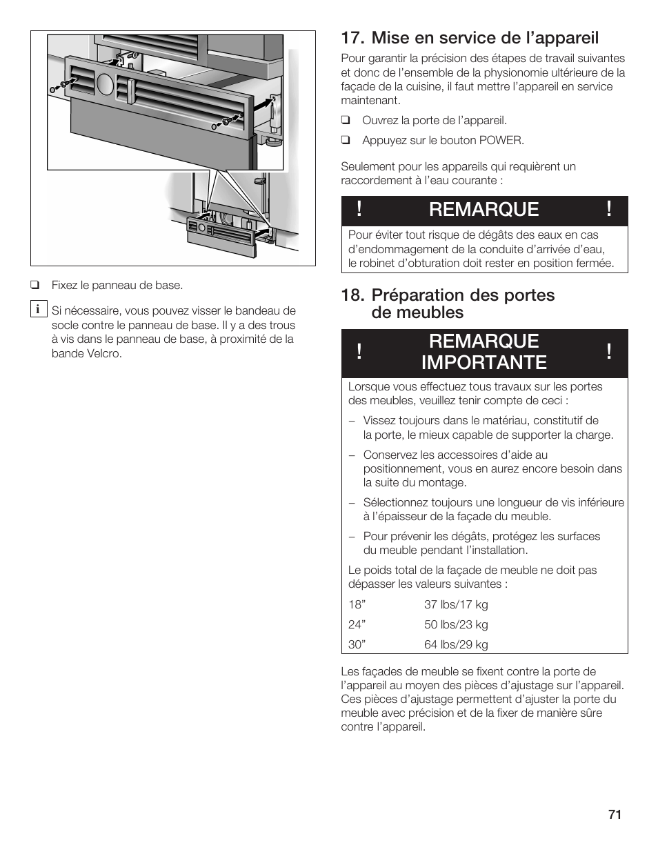 Remarque, Remarque importante, Mise en service de l'appareil | Préparation des portes de meubles | Bosch 24iw50nsp User Manual | Page 71 / 124