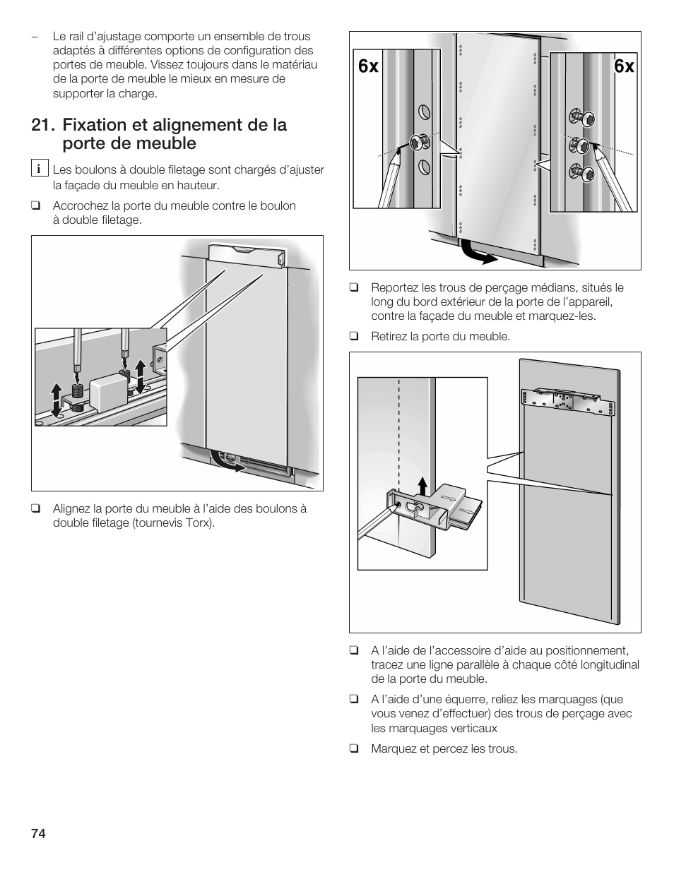 Fixation et alignement de la porte de meuble | Bosch 24iw50nsp User Manual | Page 74 / 124