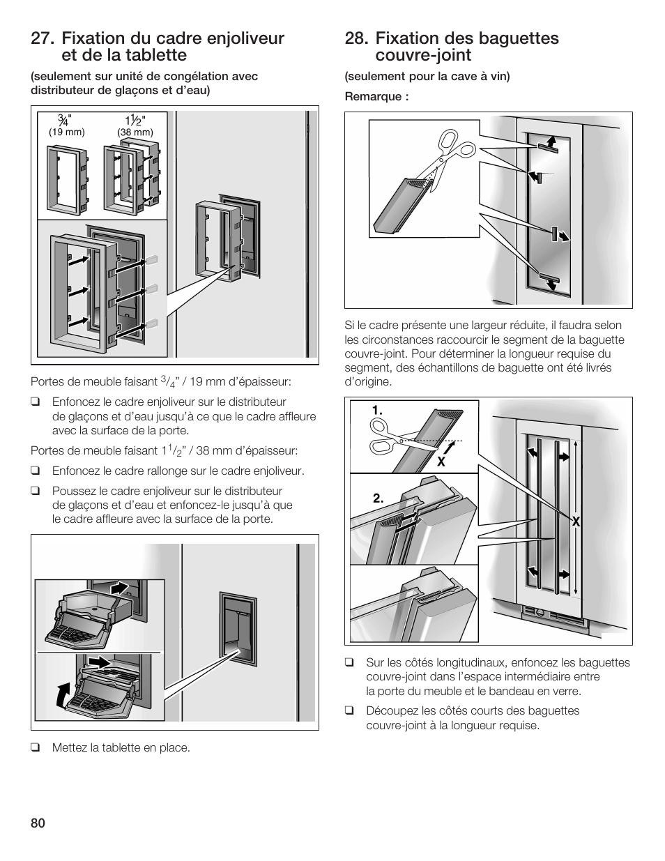 Fixation du cadre enjoliveur et de la tablette, Fixation des baguettes couvrećjoint | Bosch 24iw50nsp User Manual | Page 80 / 124