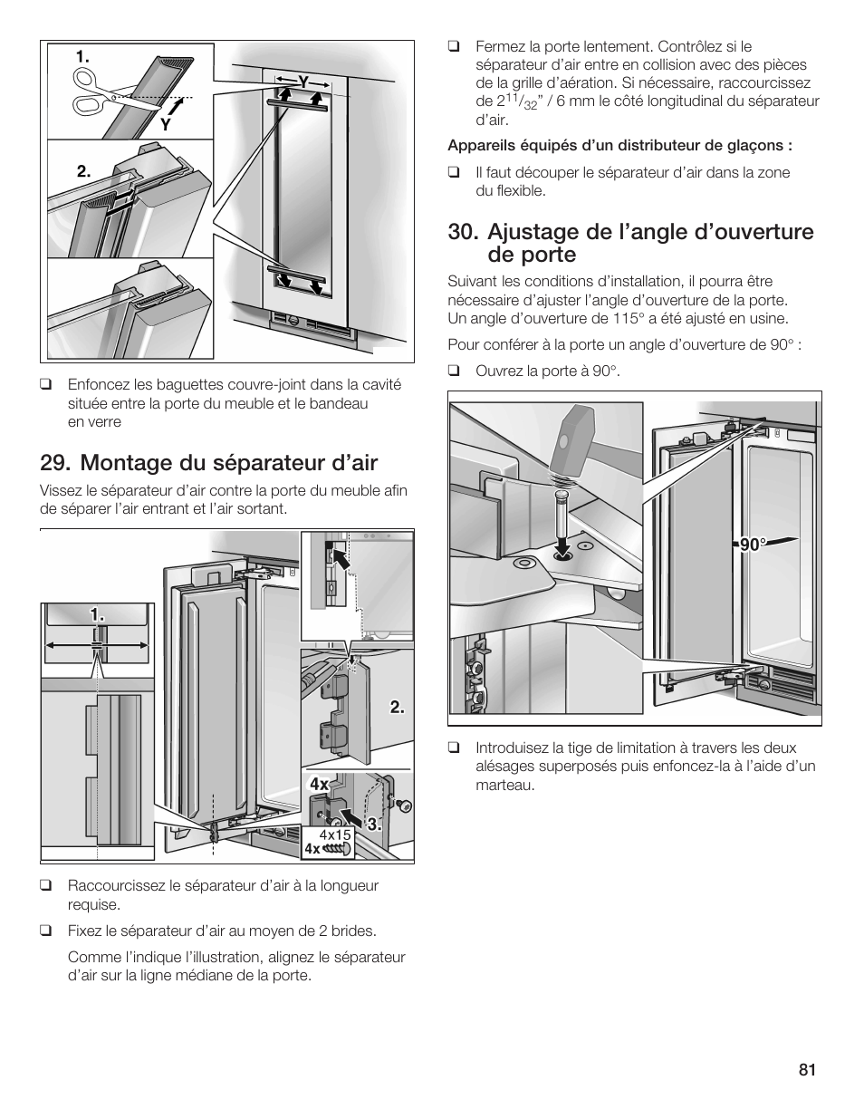 Montage du séparateur d'air, Ajustage de l'angle d'ouverture de porte | Bosch 24iw50nsp User Manual | Page 81 / 124