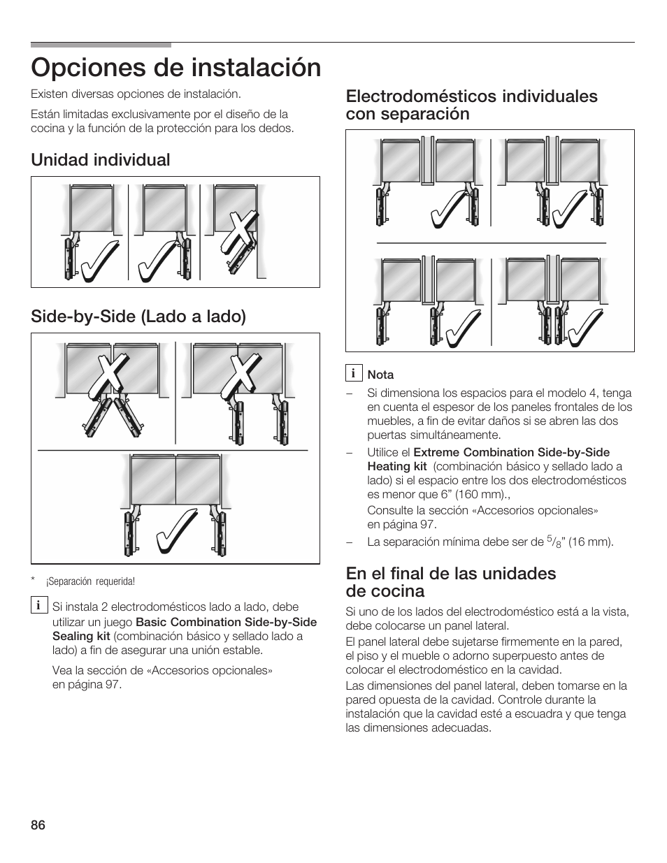 Opciones de instalación, Unidad individual sidećbyćside (lado a lado), Electrodomésticos individuales con separación | En el final de las unidades de cocina | Bosch 24iw50nsp User Manual | Page 86 / 124