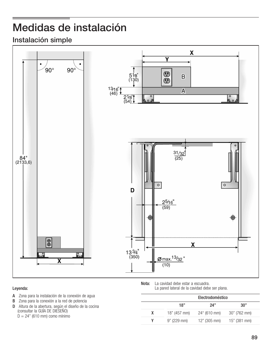 Medidas de instalación, Instalación simple 10 | Bosch 24iw50nsp User Manual | Page 89 / 124